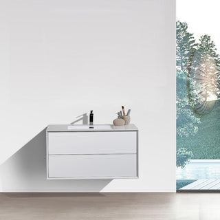 36" White Wall Mount Vanity with White Polymarble Countertop - Golden Elite Deco