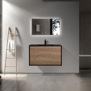 36" Black & Rough Oak Wall Mount Single Sink Bathroom Vanity with Black Engineered Quartz Countertop Fleur - Golden Elite Deco