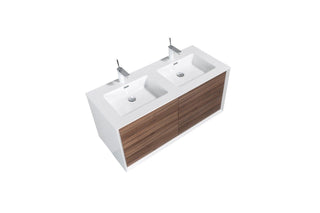 48" Walnut Wall Mount Double Sink Bathroom Vanity with White Polymarble Countertop Fleur - Golden Elite Deco