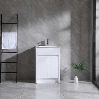 24" Glossy White Freestanding Bathroom Vanity with White Ceramic Countertop - Golden Elite Deco