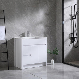 36" Glossy White Freestanding Bathroom Vanity with White Ceramic Countertop - Golden Elite Deco