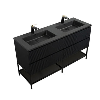 60" Black Wall Mount Bathroom Vanity with Black Engineered Quartz Countertop