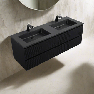 60" Black Wall Mount Bathroom Vanity with Black Engineered Quartz Countertop - Golden Elite Deco