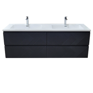 60" Black Wall Mount Bathroom Vanity with White Polymarble Countertop