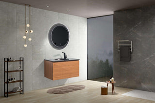36" Light Oak Wall Mount Single Sink Bathroom Vanity with Black Engineered Quartz Countertop Simon - Golden Elite Deco