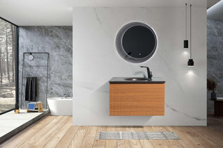 30" Light Oak Wall Mount Bathroom Vanity with Black Engineered Quartz Countertop Simon - Golden Elite Deco