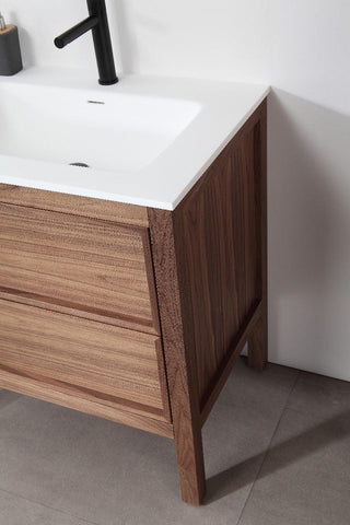 30" Natural Walnut Freestanding Bathroom Vanity with White Solid surface Countertop Vista - Golden Elite Deco