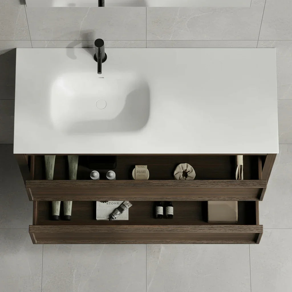 Meuble-Lavabo Autoportant 48po Chêne Fumé avec Comptoir de Surface Solide Blanc