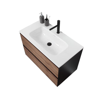 36" Walnut Wall Mount Bathroom Vanity with White Solid surface Countertop - Golden Elite Deco