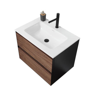 30" Walnut Wall Mount Bathroom Vanity with White Solid surface Countertop - Golden Elite Deco