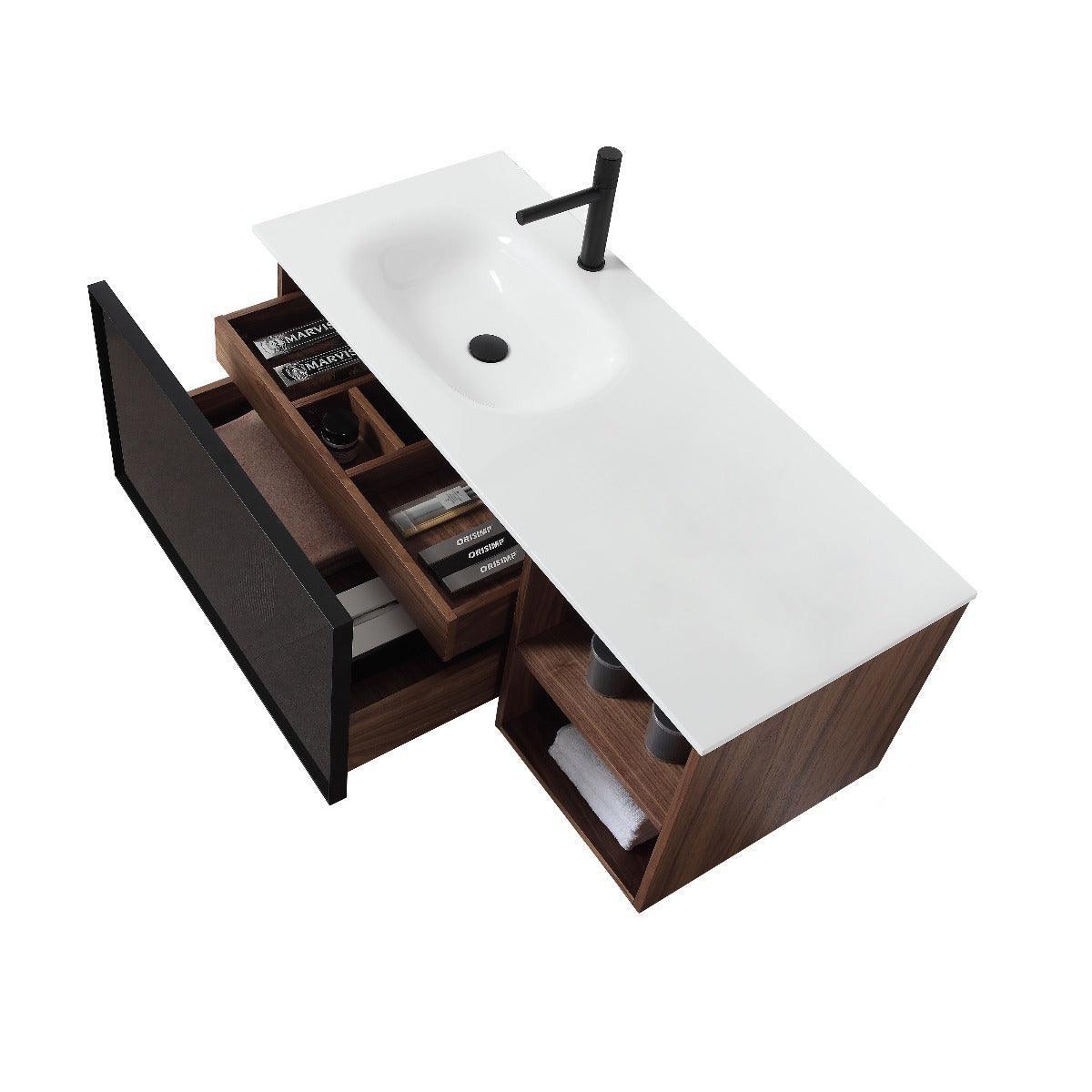 48" Walnut Wall Mount Single Sink Bathroom Vanity with White Solid surface Countertop - Golden Elite Deco