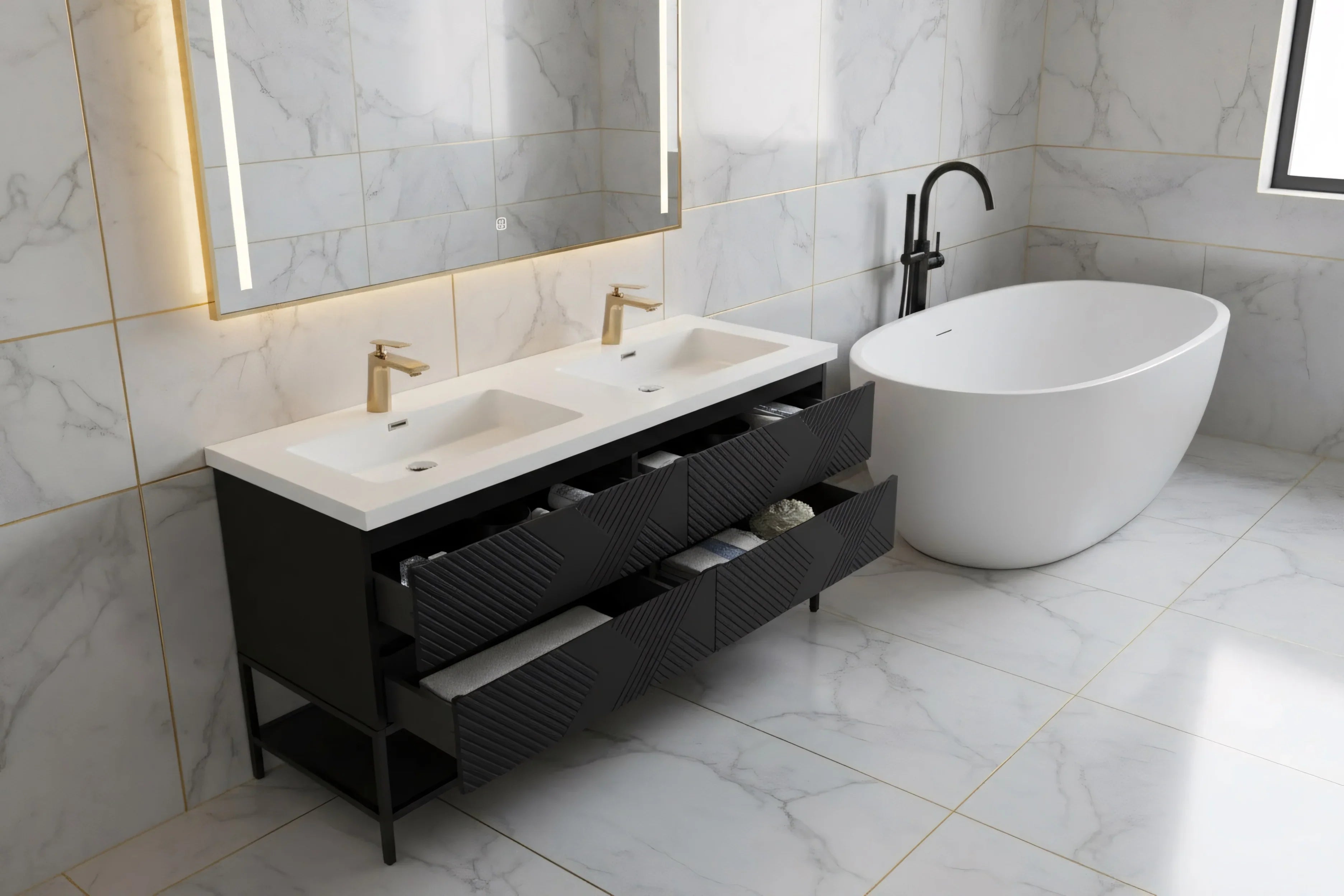 Meuble-lavabo mural noir 60" avec Comptoir en polymarbre blanc