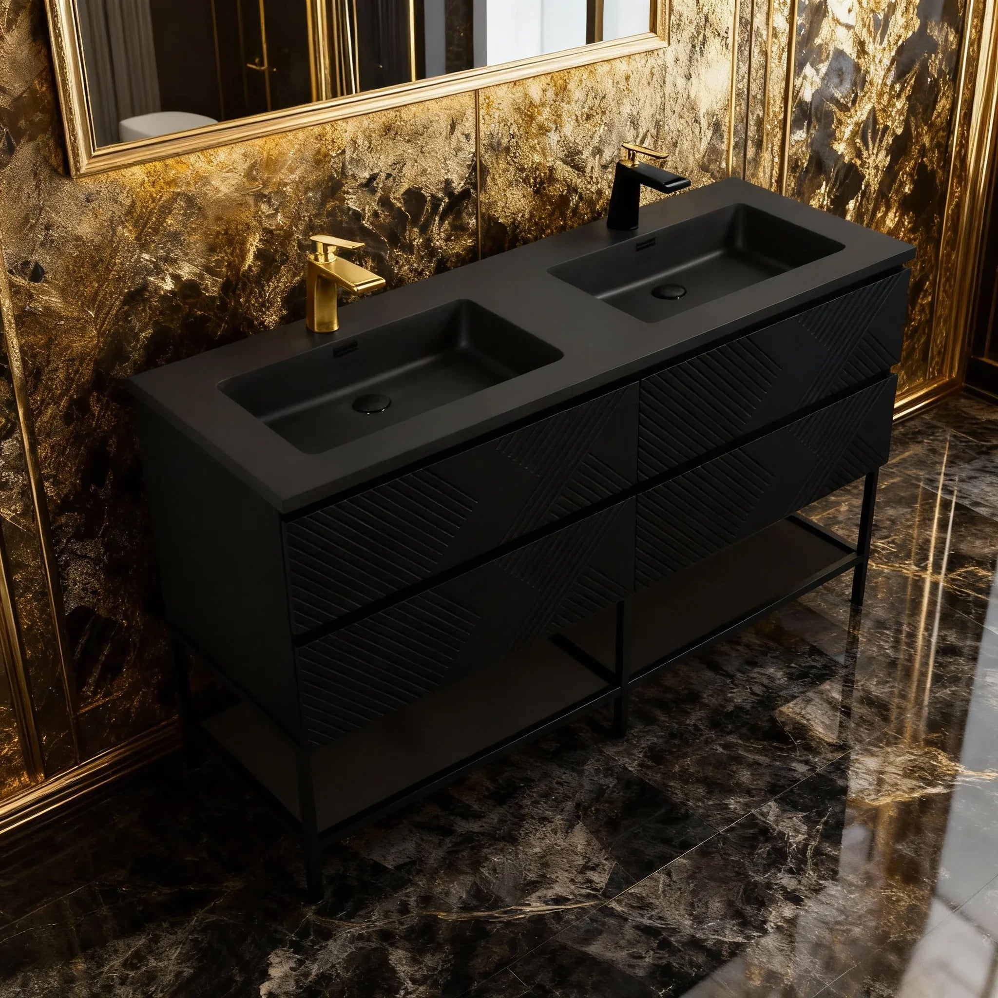 Meuble-lavabo mural noir 60" avec Comptoir en quartz technique noir