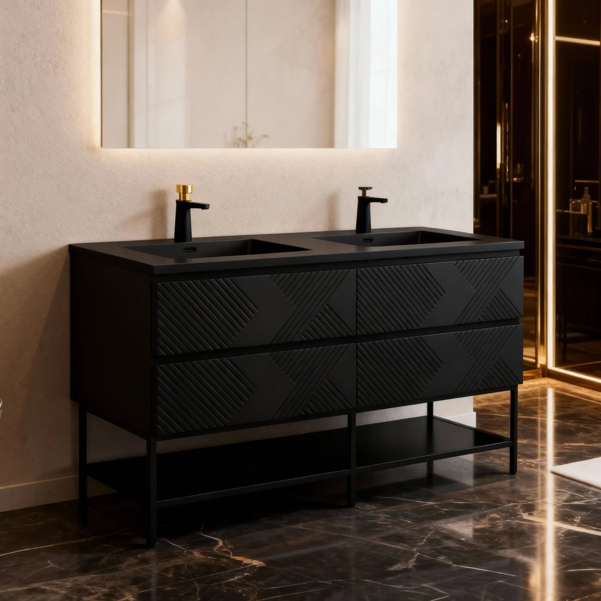 Meuble-lavabo mural noir 60" avec Comptoir en quartz technique noir