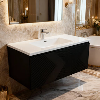 Meuble-lavabo mural noir 40" pour salle de bain avec Comptoir en polymarbre blanc Roxboro