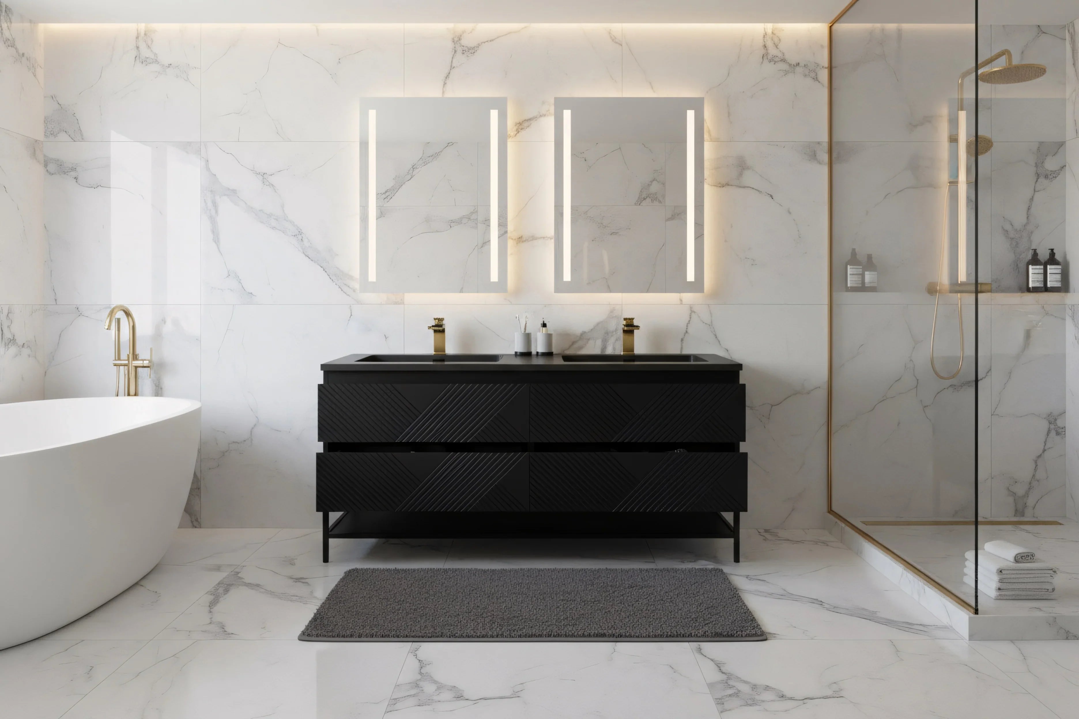 Meuble-lavabo mural noir 60" avec Comptoir en quartz technique noir