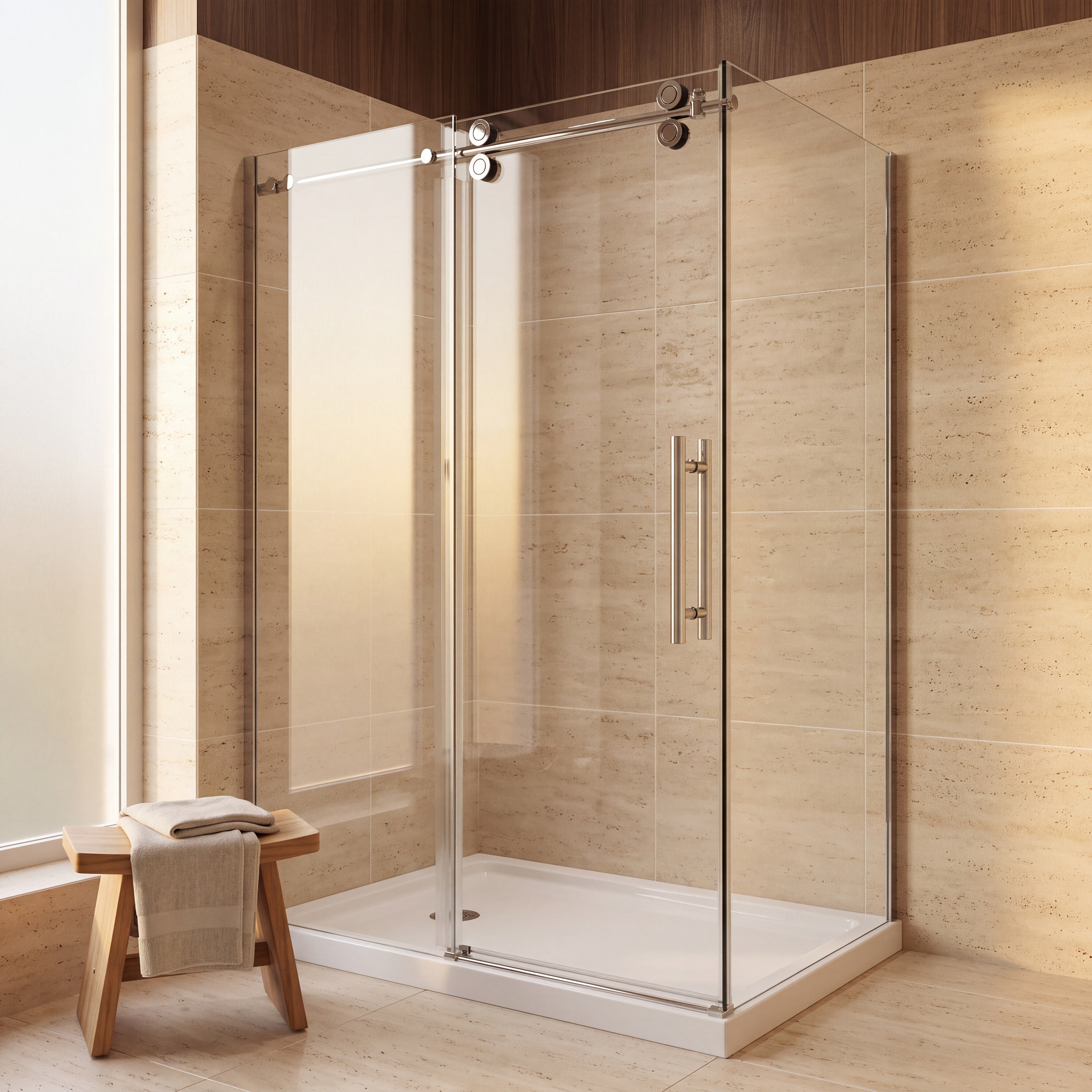 60" x 32" x 75" Reversible Corner Sliding Shower Door in Chrome with Round Hardware