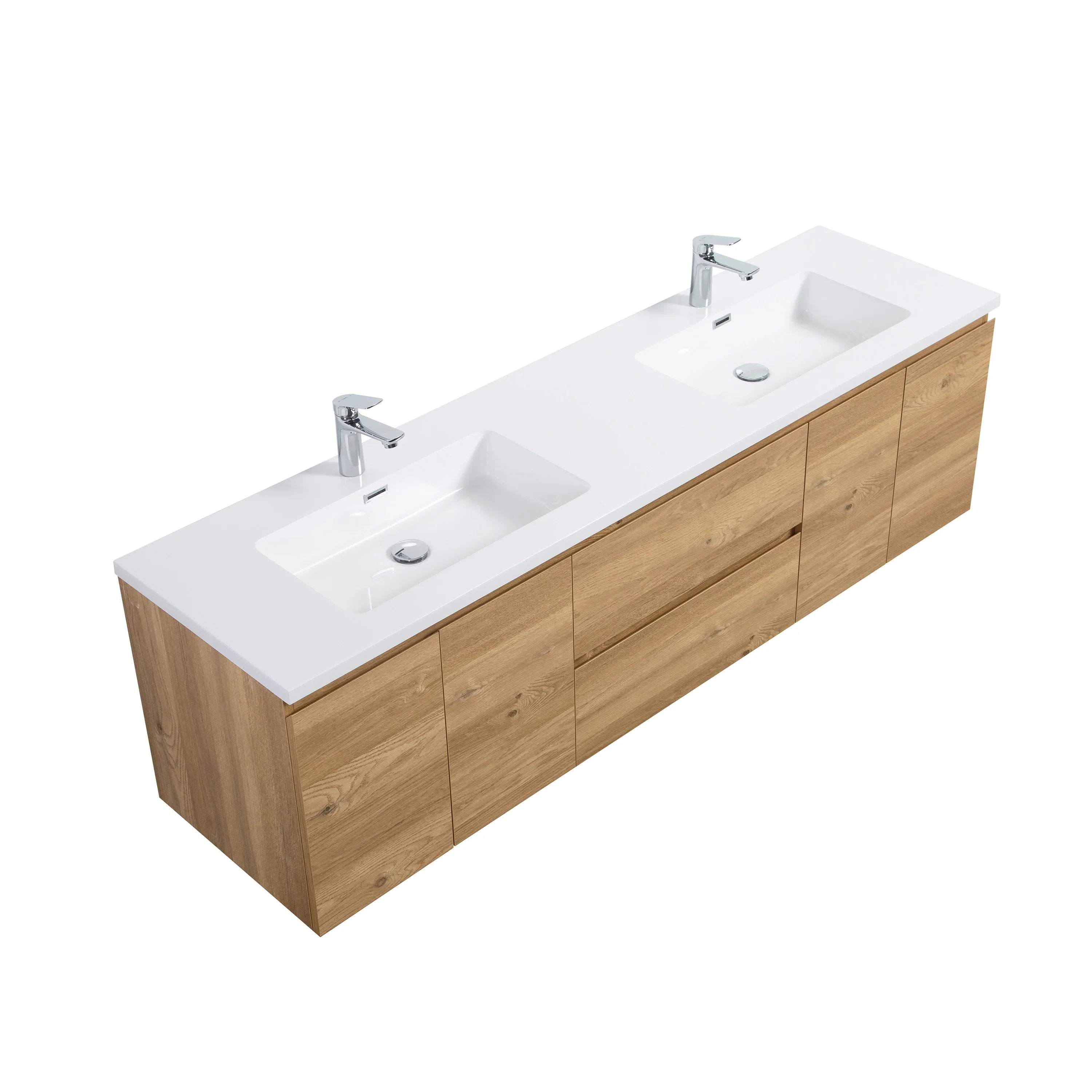 72" Rough Oak Wall Mount Double Sink Bathroom Vanity with White Polymarble Countertop