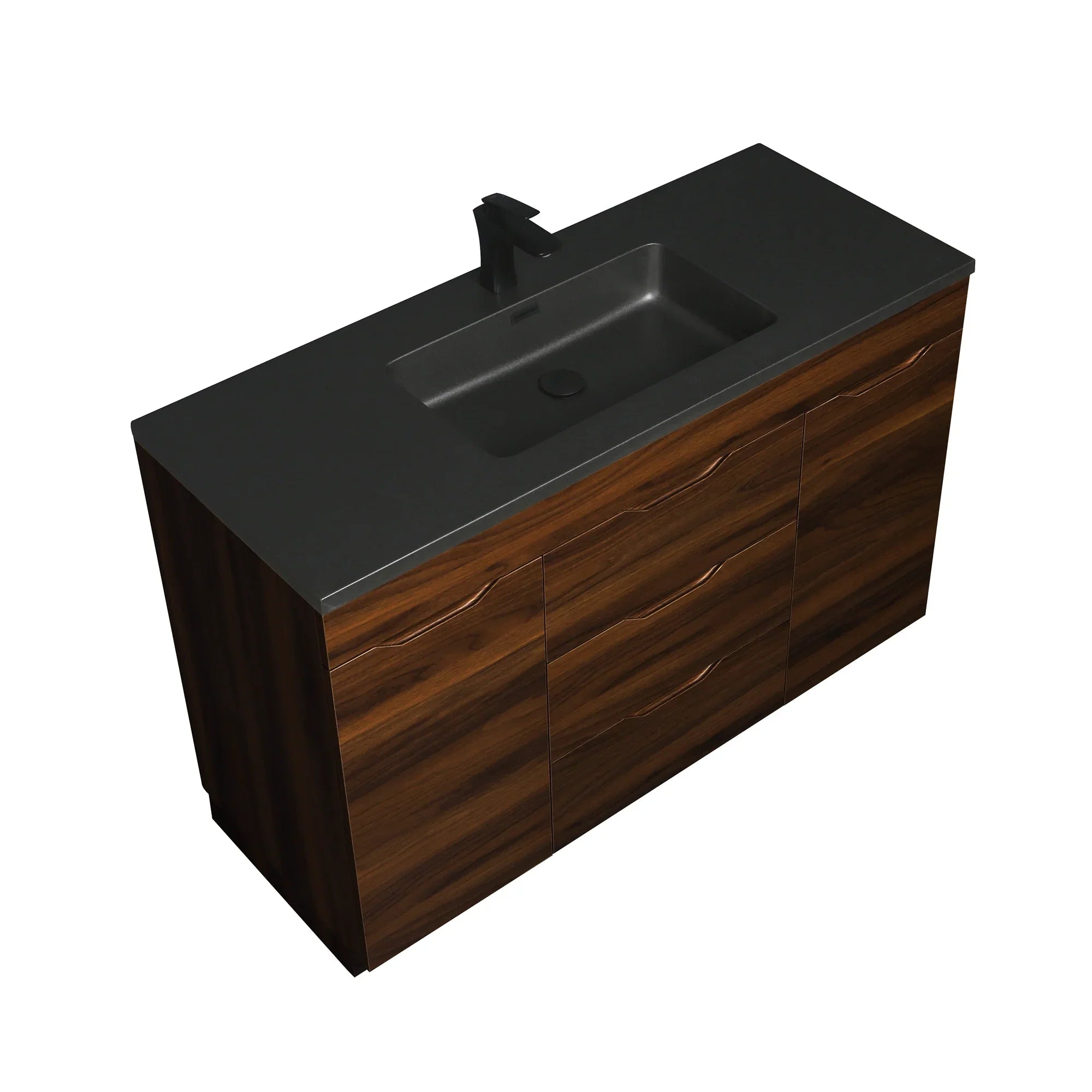 48" Walnut Freestanding Bathroom Vanity with Black Engineered Quartz Countertop