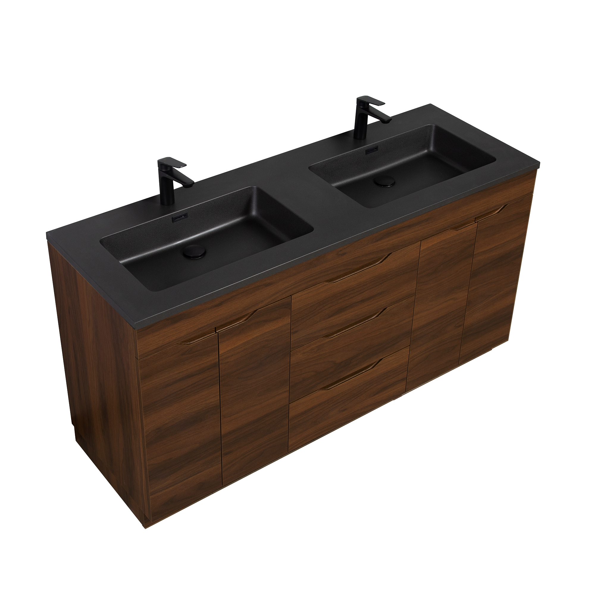 60" Walnut Freestanding Double Sink Vanity with Black Engineered Quartz Countertop