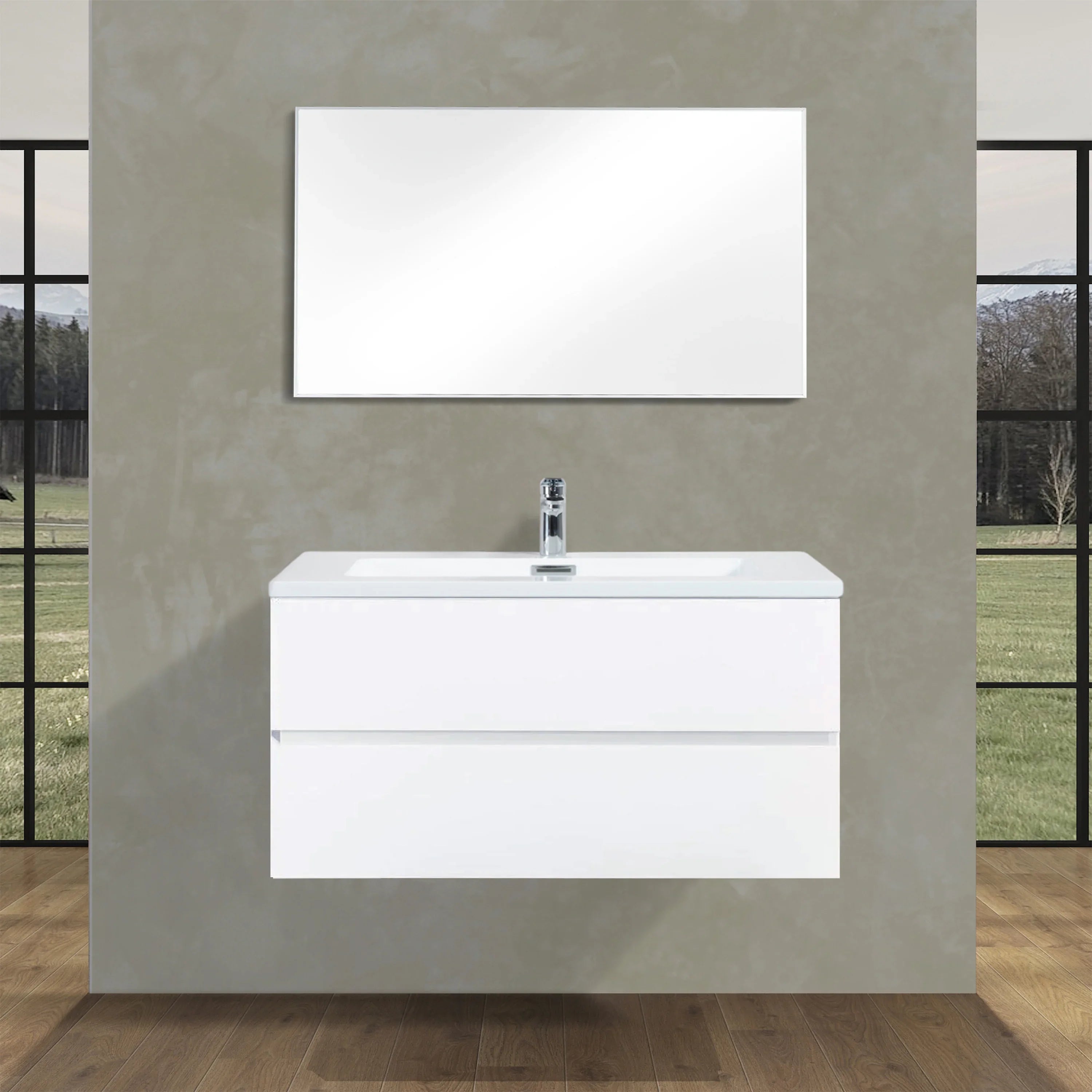 Meuble Lavabo Mural Blanc 40po avec Comptoir en Polymarbre