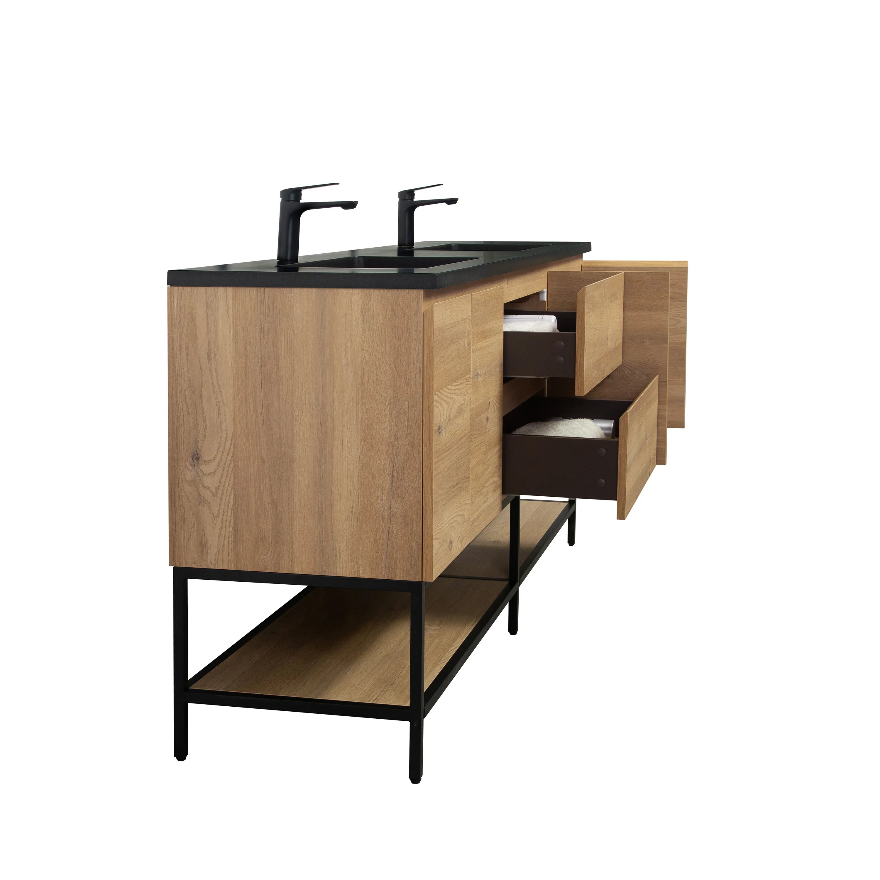 Meuble-Lavabo 72po Chêne Brut avec Comptoir de 72 Quartz Noir Lavabo Double