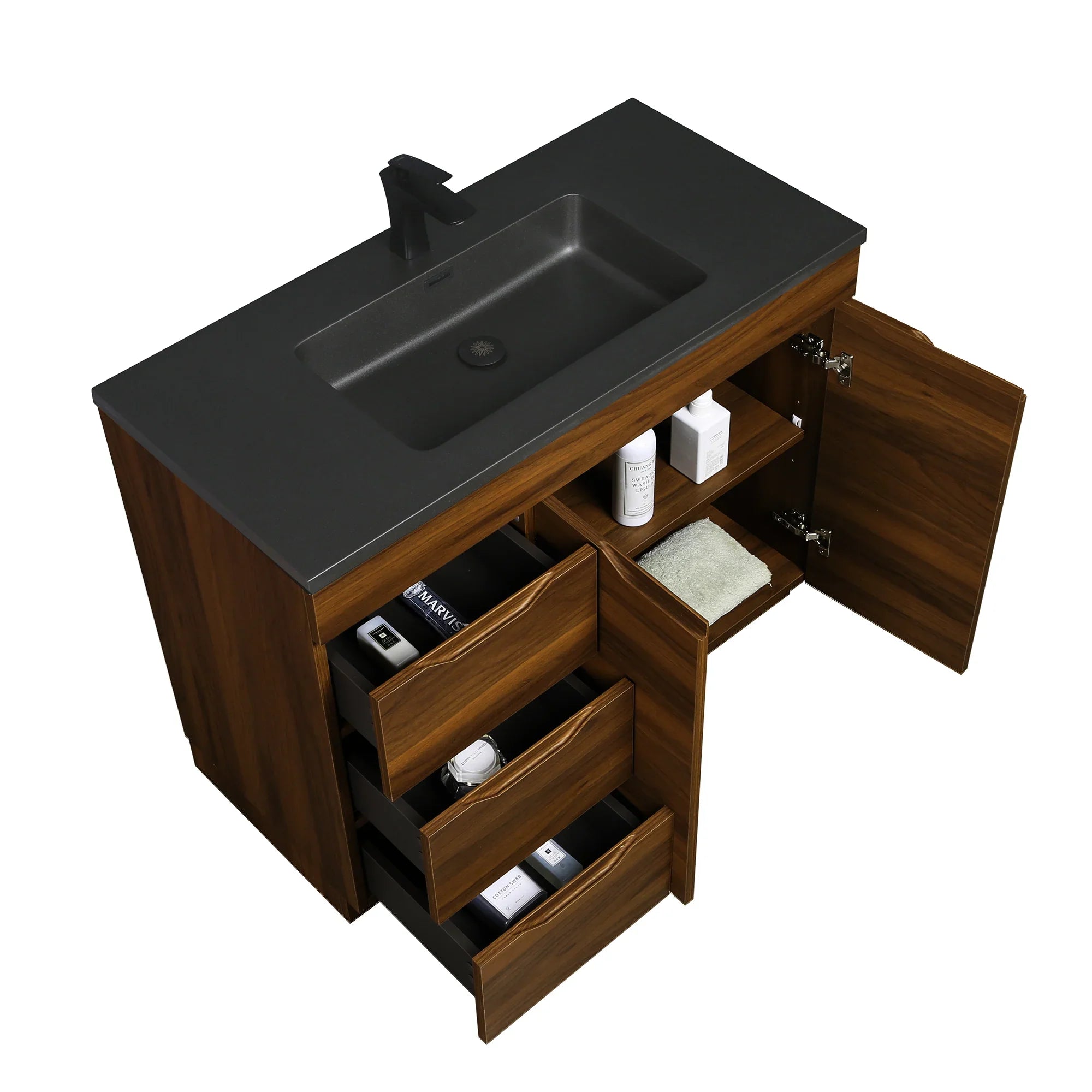 40" Walnut Freestanding Bathroom Vanity with Black Engineered Quartz Countertop