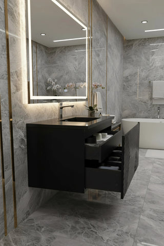 48" Black Wall Mount Bathroom Vanity with Black Engineered Quartz Countertop