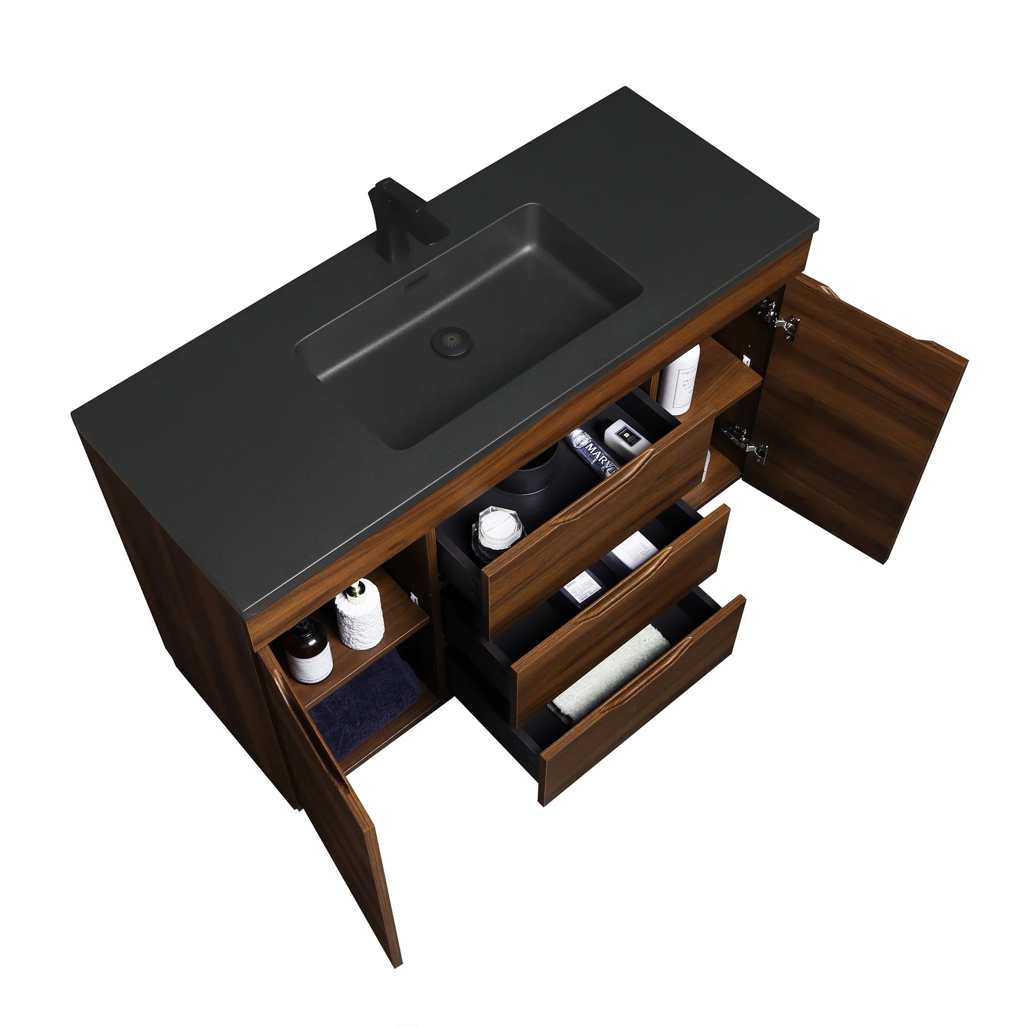 48" Walnut Freestanding Bathroom Vanity with Black Engineered Quartz Countertop