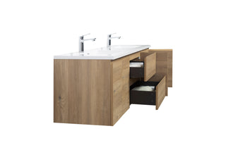 72" Rough Oak Wall Mount Double Sink Bathroom Vanity with White Polymarble Countertop - Golden Elite Deco