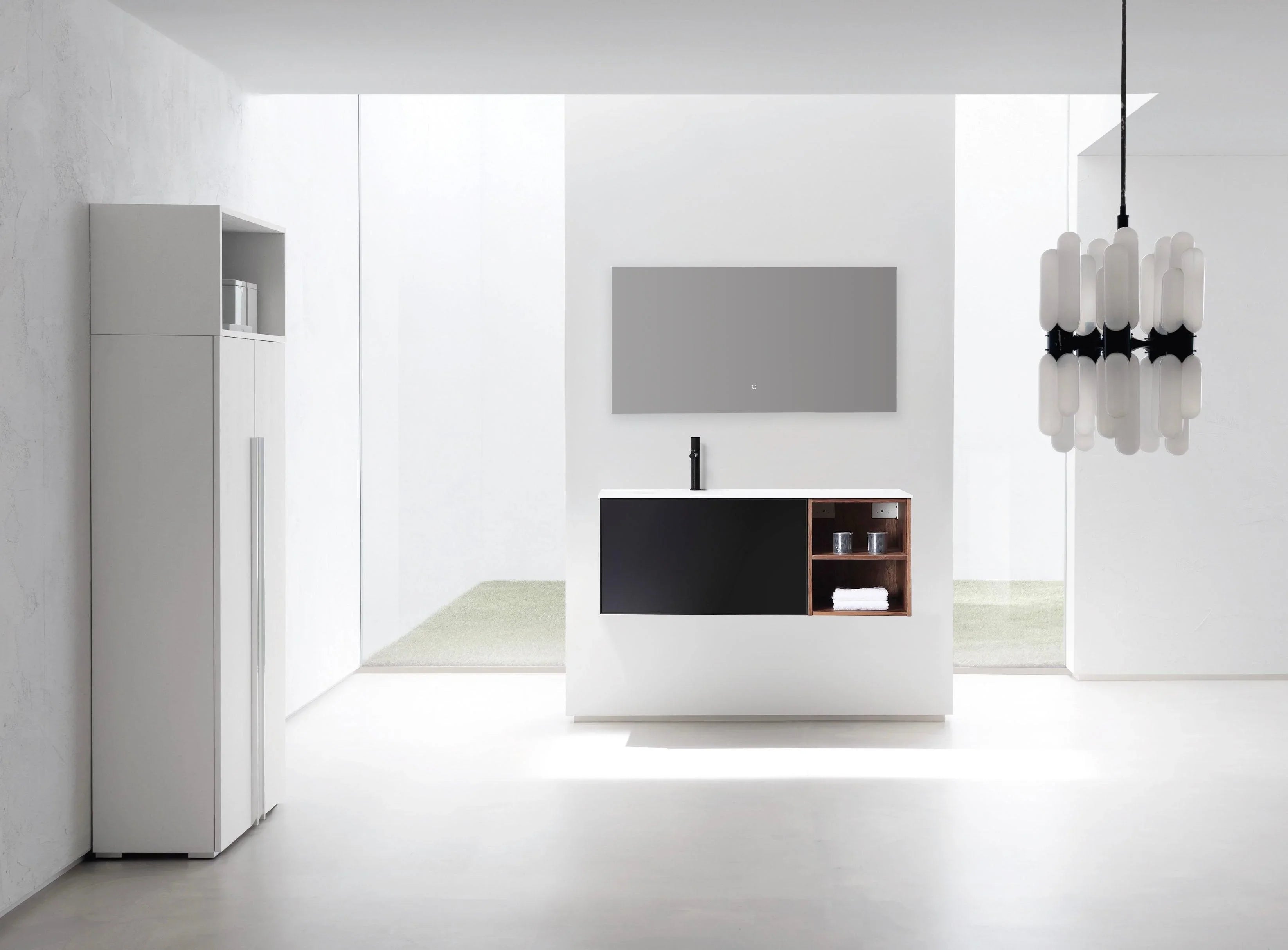 48" Walnut Wall Mount Single Sink Bathroom Vanity with Matte White Solid surface Countertop - Golden Elite Deco