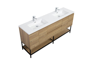 72" Rough Oak Wall Mount Double Sink Bathroom Vanity with White Polymarble Countertop - Golden Elite Deco