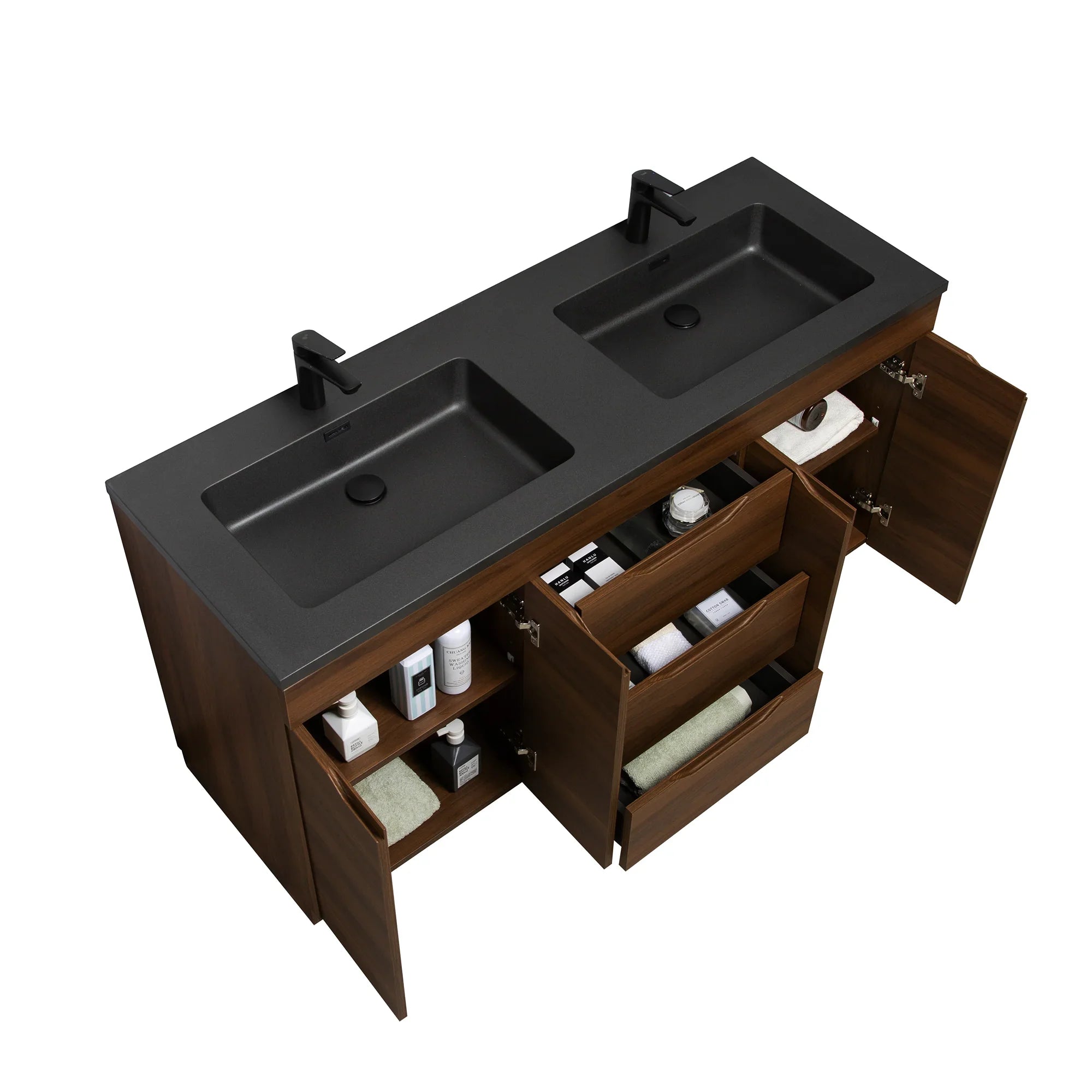 60" Walnut Freestanding Double Sink Bathroom Vanity with Black Engineered Quartz Countertop