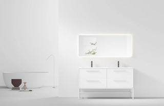 60" White Wall Mount Double Sink Bathroom Vanity with Matte White Solid Surface Countertop