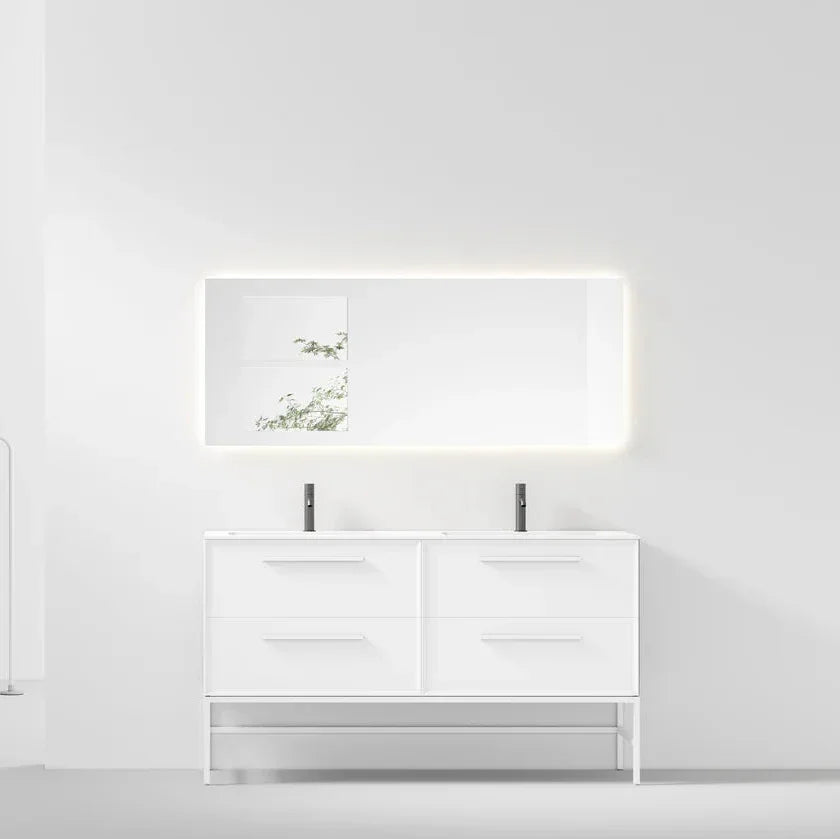 60" White Wall Mount Double Sink Bathroom Vanity with Matte White Solid Surface Countertop