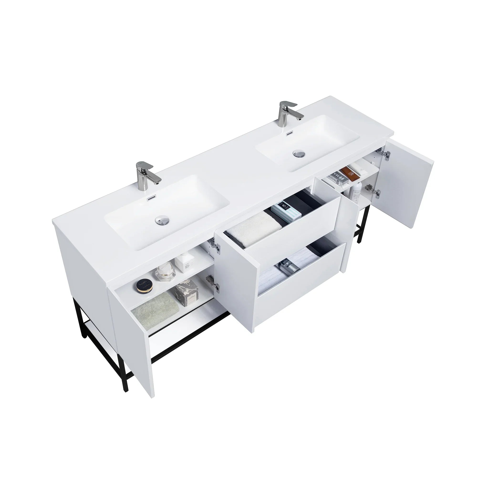 72" White Wall Mount Double Sink Bathroom Vanity with White Polymarble Countertop