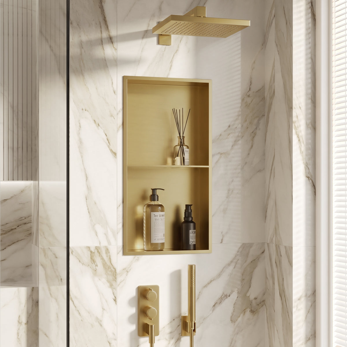 Niche de douche en acier inoxydable doré champagne, 12 po x 24 po, 2 compartiments