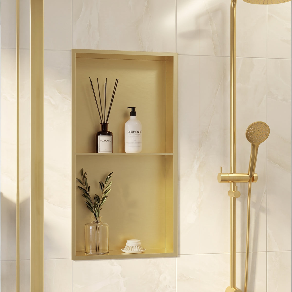 Niche de douche en acier inoxydable doré champagne, 12 po x 24 po, 2 compartiments
