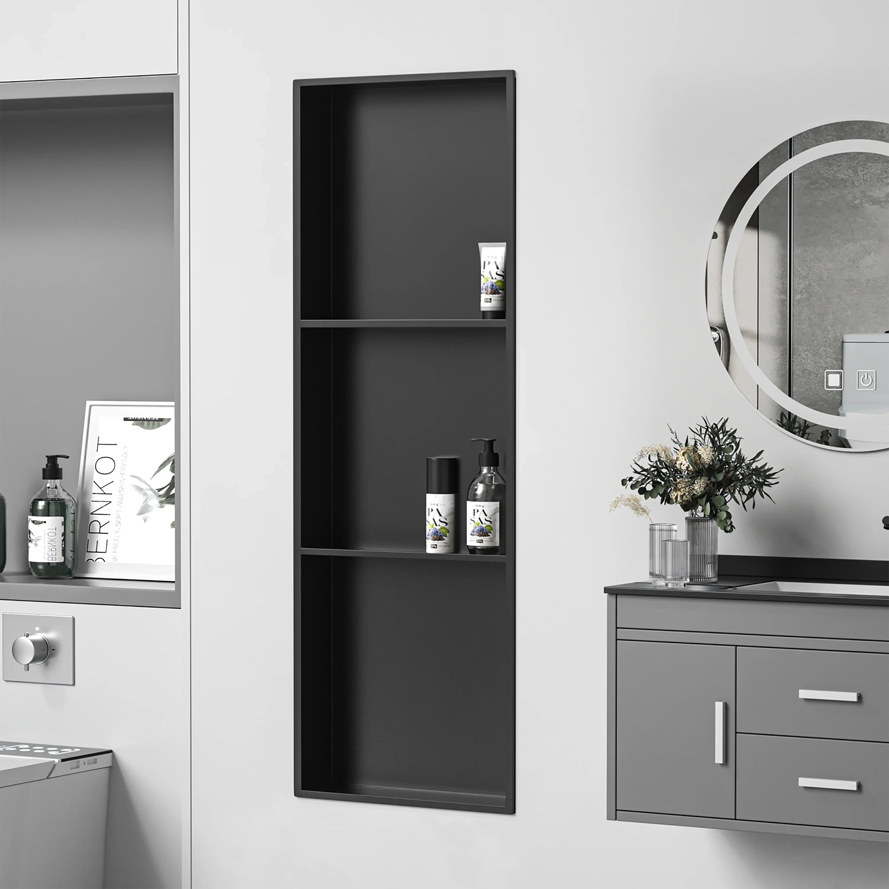 12" x 36" Black Stainless Steel Shower Niche, 3 Compartments