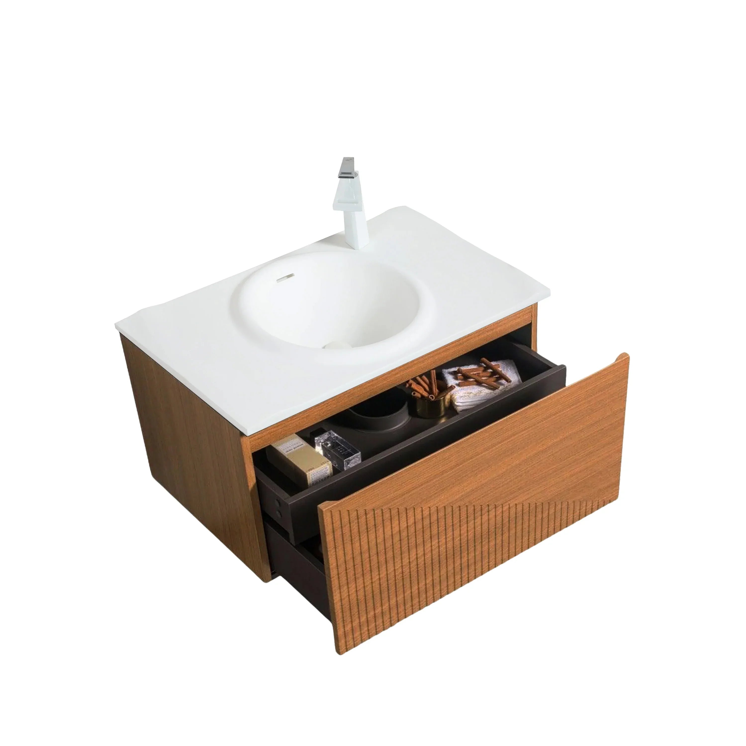 Meuble-Lavabo Mural 36po Chêne Clair avec Comptoir de Surface Solide Blanc