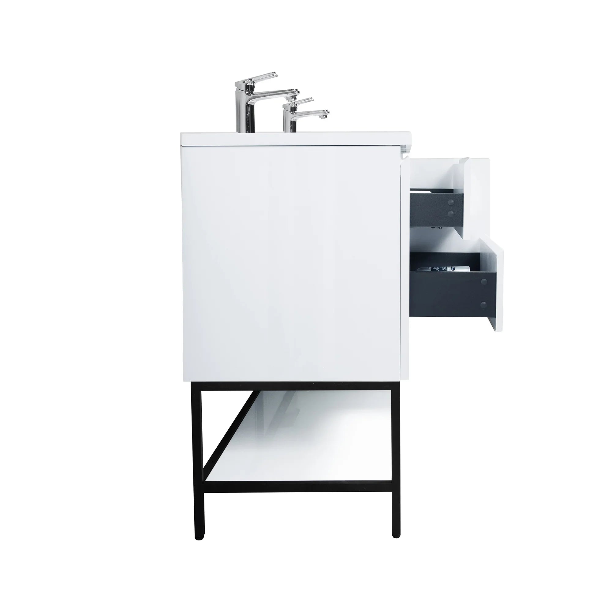 72" White Wall Mount Double Sink Bathroom Vanity with White Polymarble Countertop