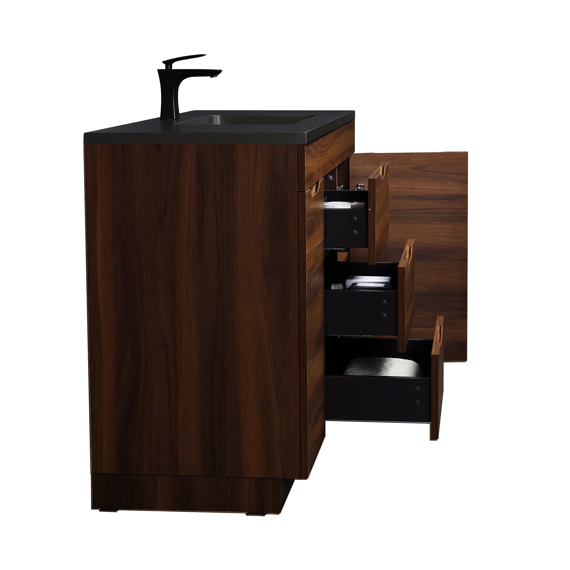 48" Walnut Freestanding Bathroom Vanity with Black Engineered Quartz Countertop