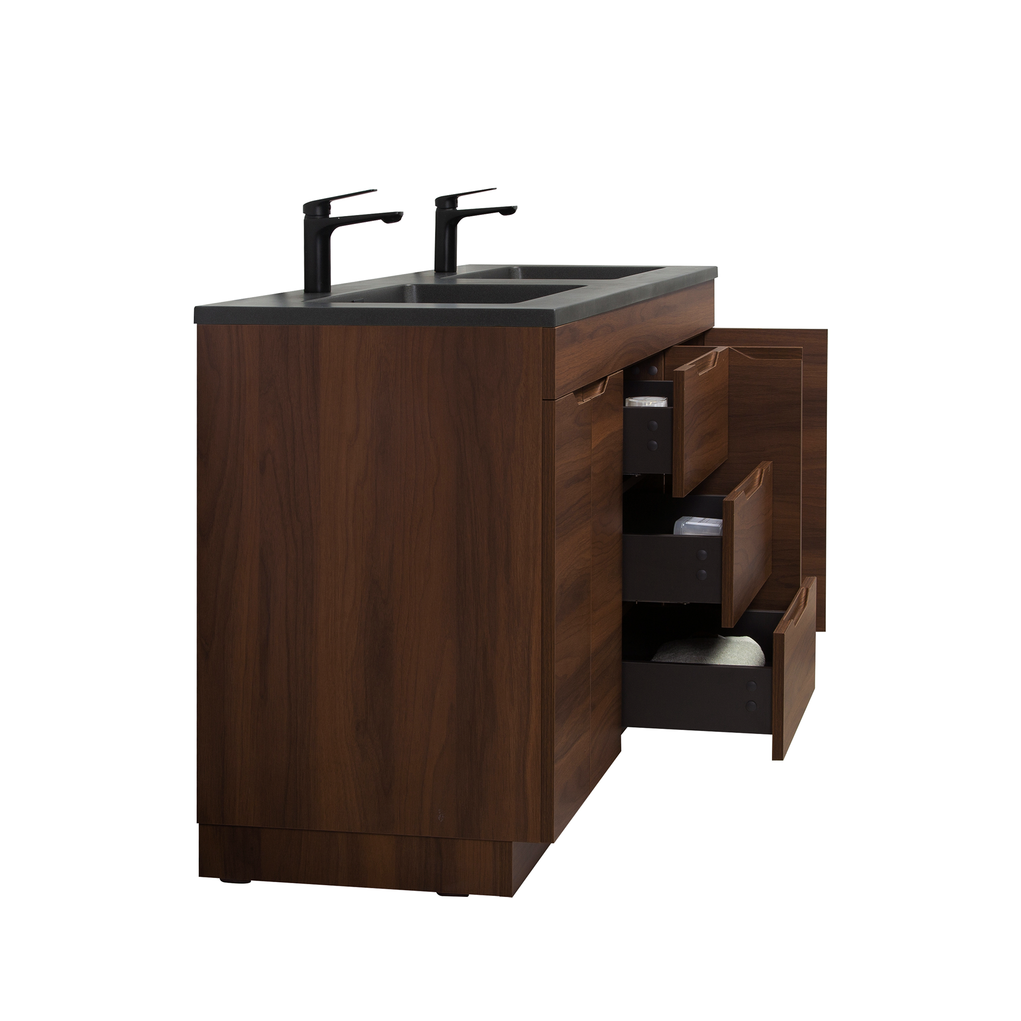 60" Walnut Freestanding Double Sink Vanity with Black Engineered Quartz Countertop