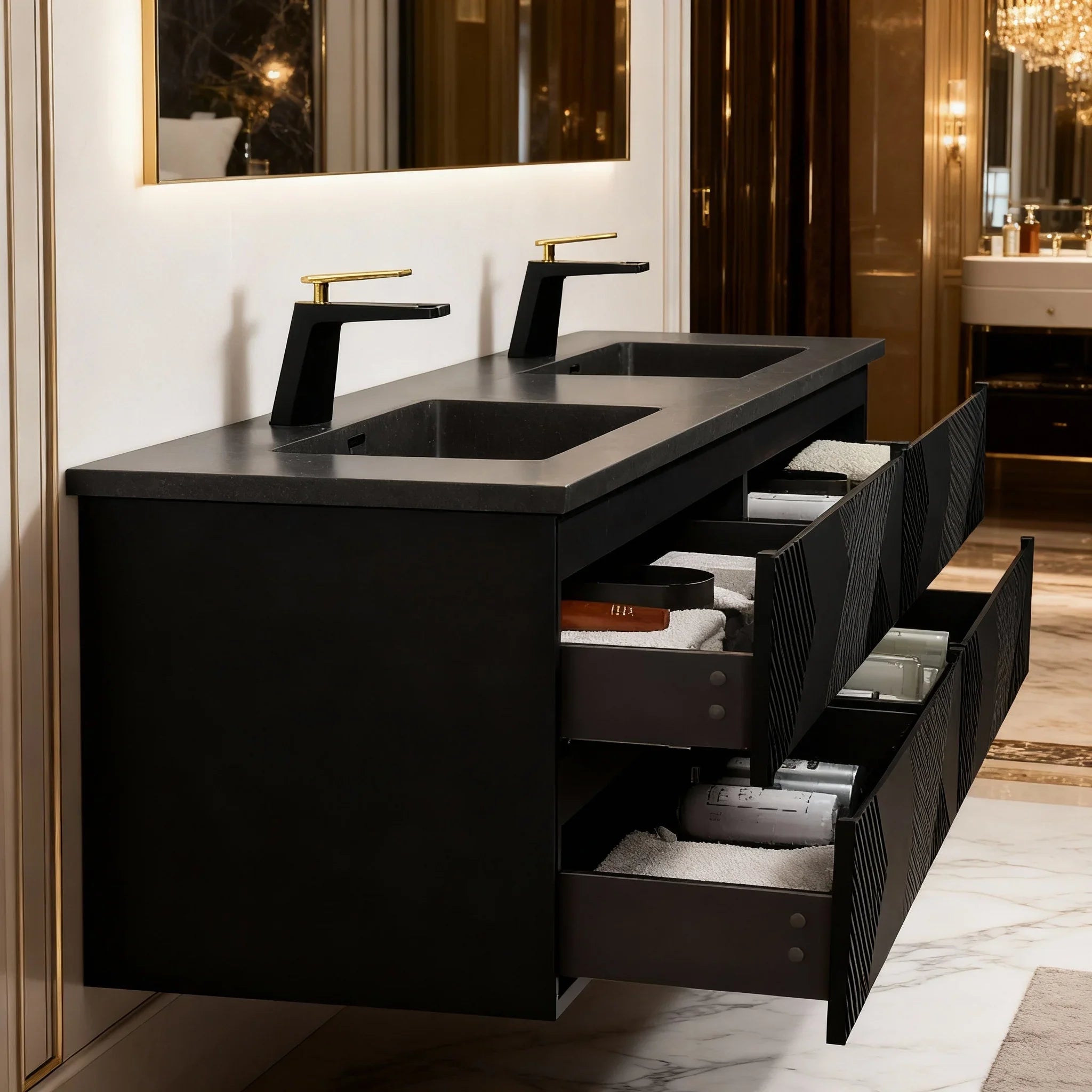 Meuble-Lavabo Double Mural 72po Noir avec Comptoir de Quartz d'ingénierie Noir