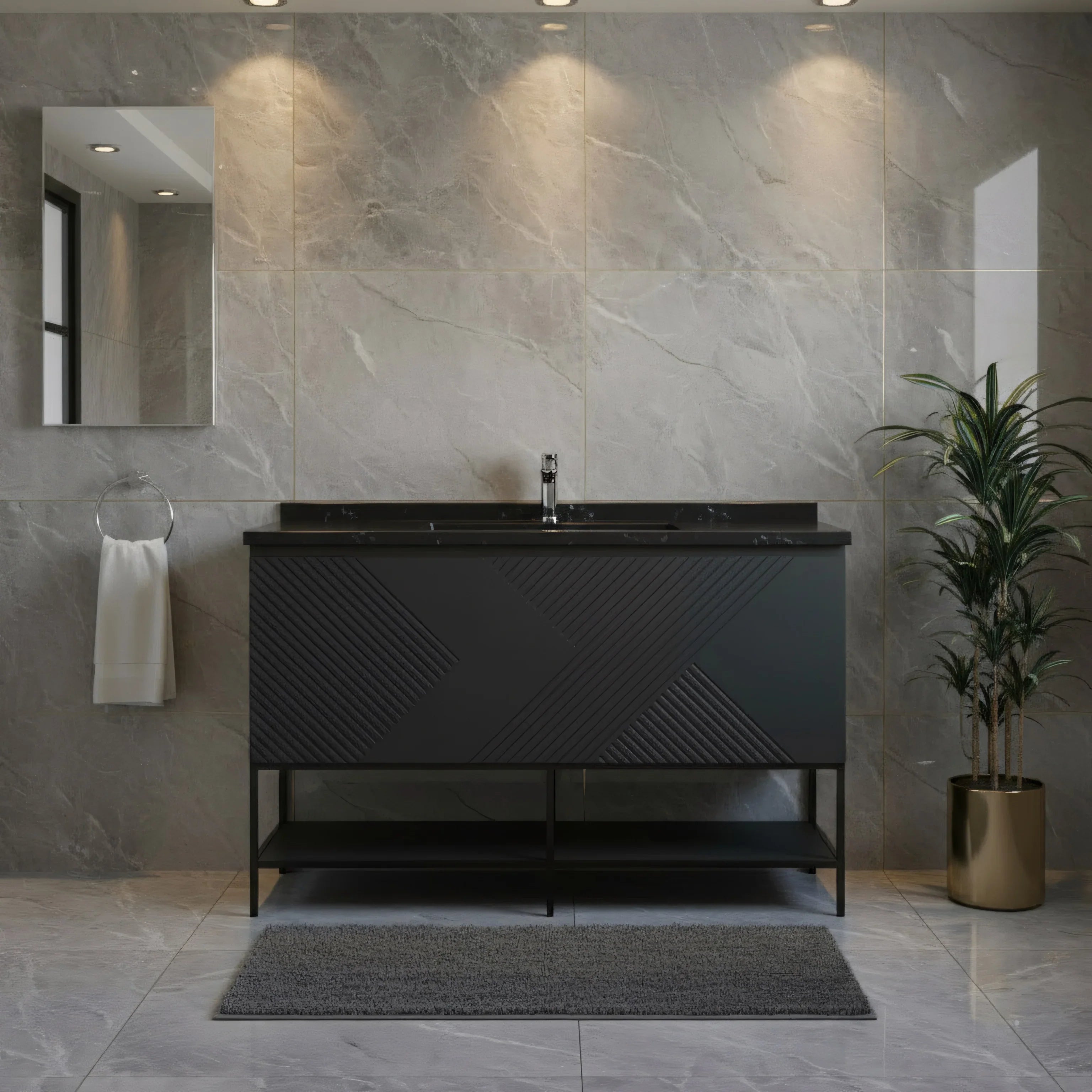 Meuble-Lavabo Mural 48po Noir avec Comptoir de Quartz d'ingénierie Noir