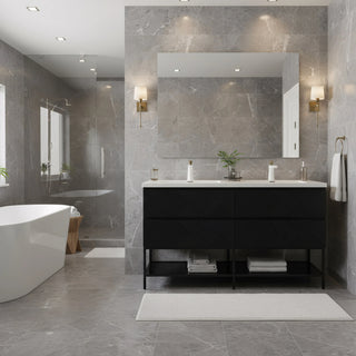 Meuble-lavabo mural noir 60" avec Comptoir en polymarbre blanc