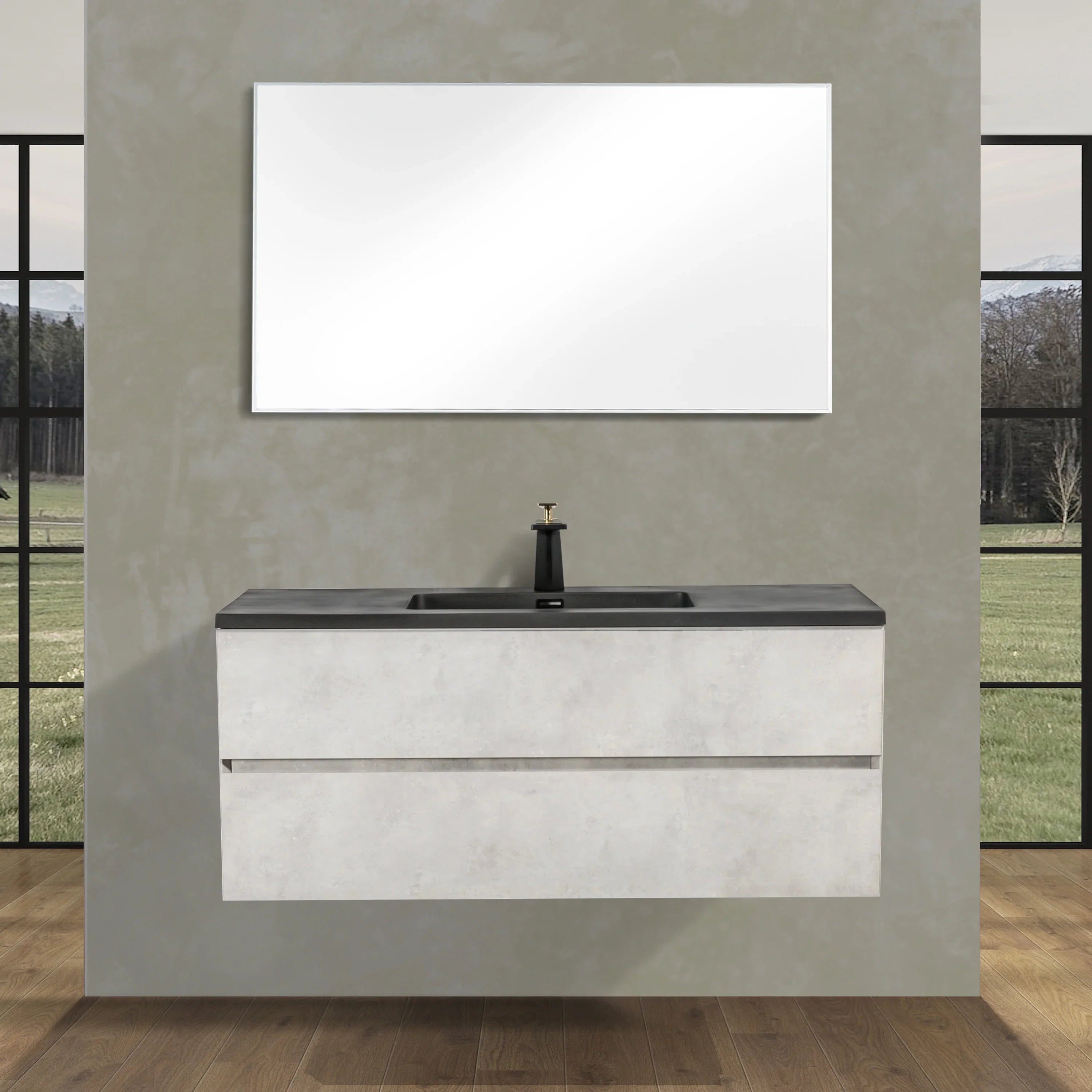 48" Grey Wall Mount Single Sink Bathroom Vanity with Black Engineered Quartz Countertop