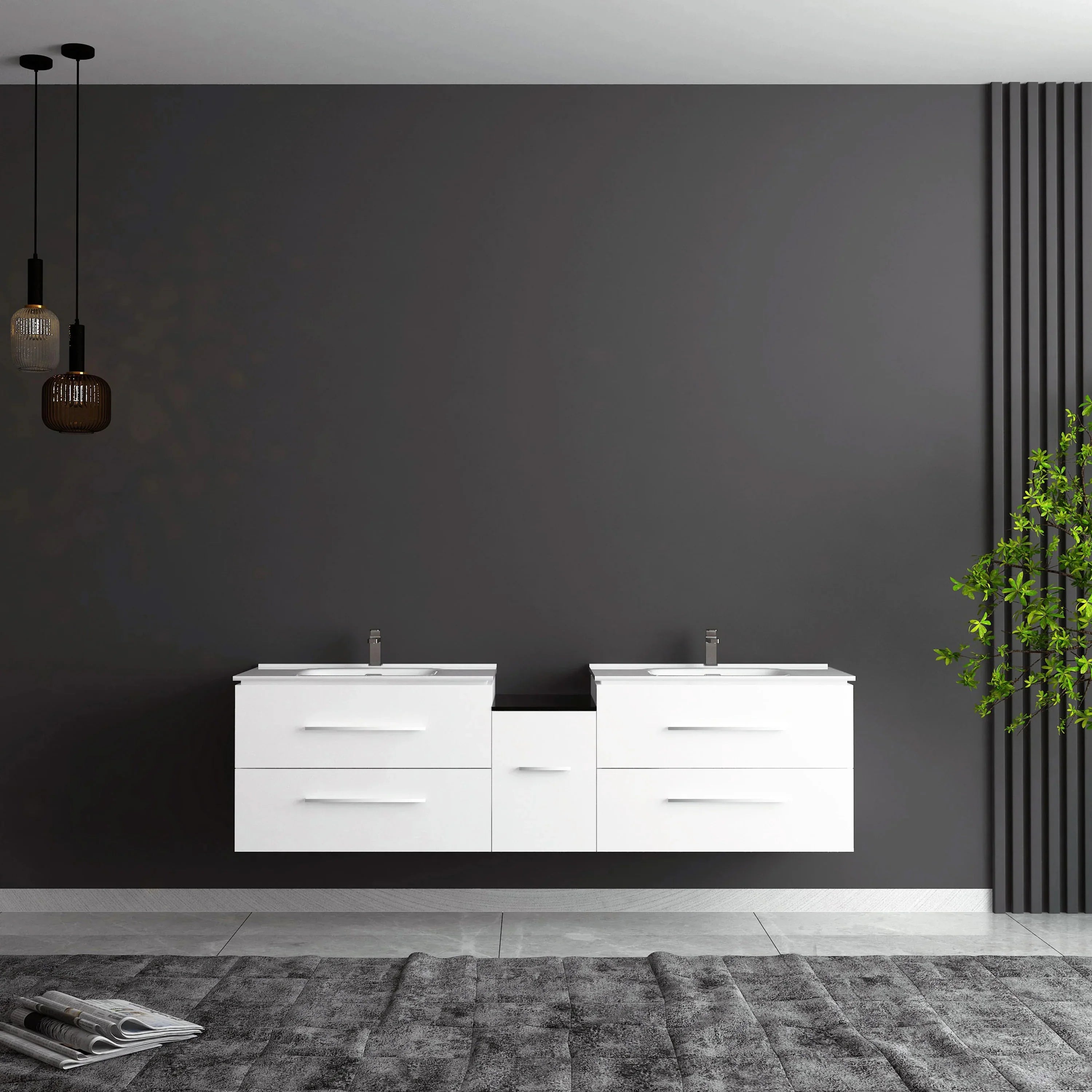 Meuble-Lavabo Mural 72po Blanc Mat avec Comptoir de Céramique Blanc