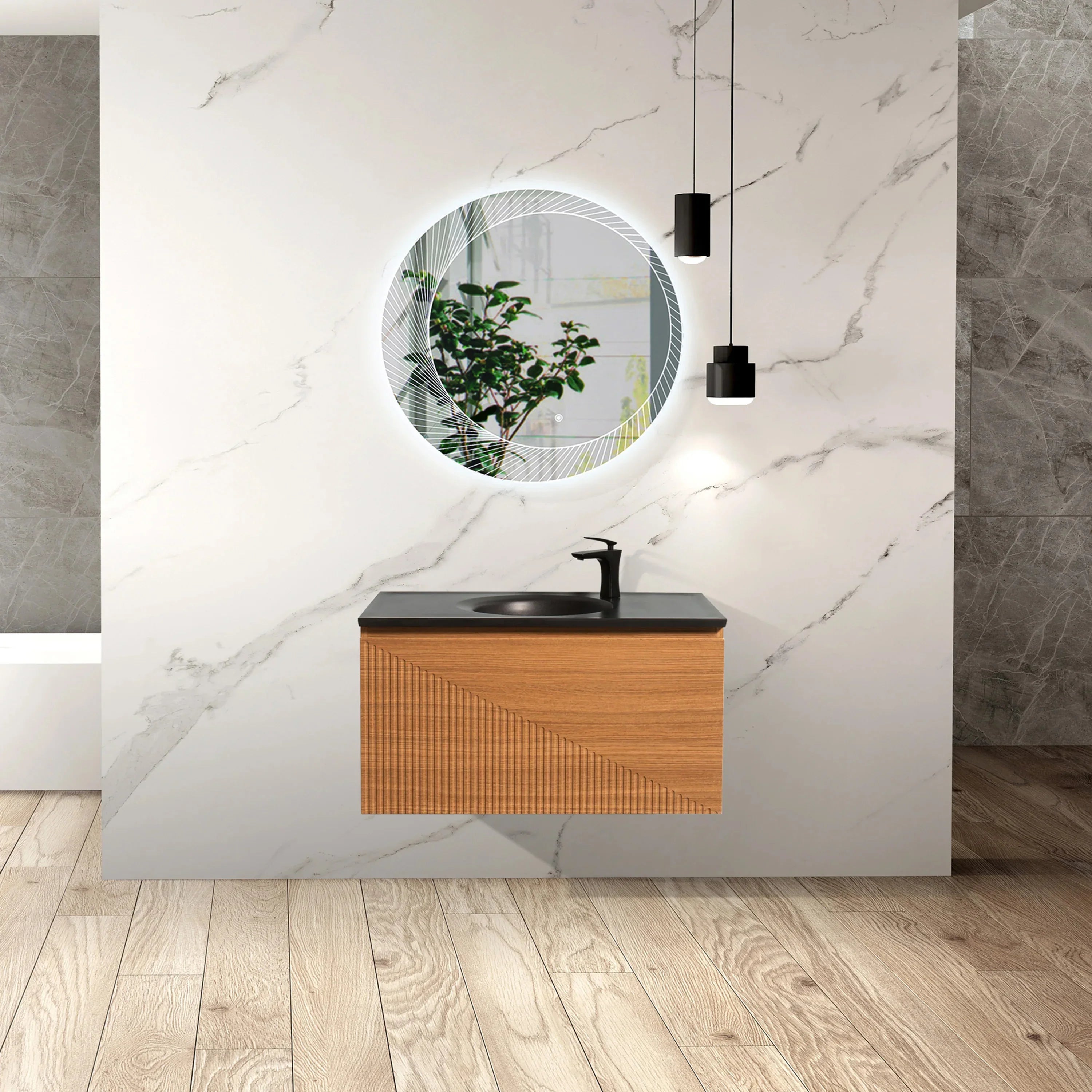 Meuble-Lavabo Mural 36po Chêne Clair avec Comptoir de Quartz d'ingénierie Noir