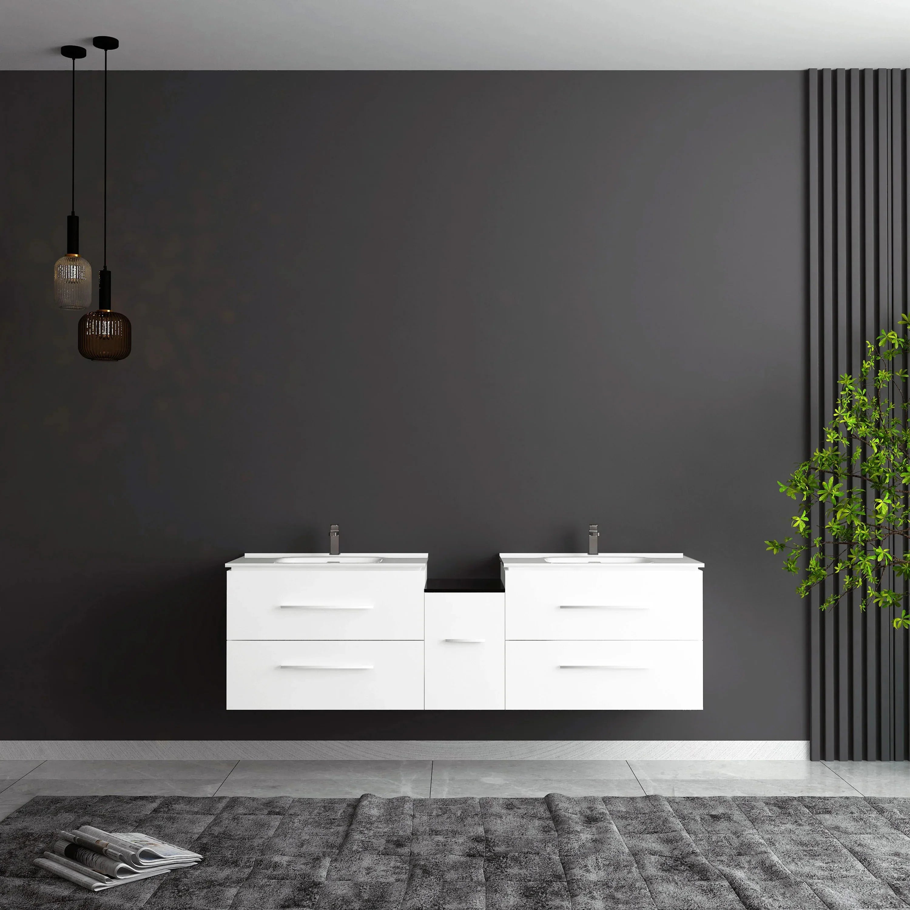 60" Matte White Wall Mount Double Sink Bathroom Vanity with White Ceramic Countertop